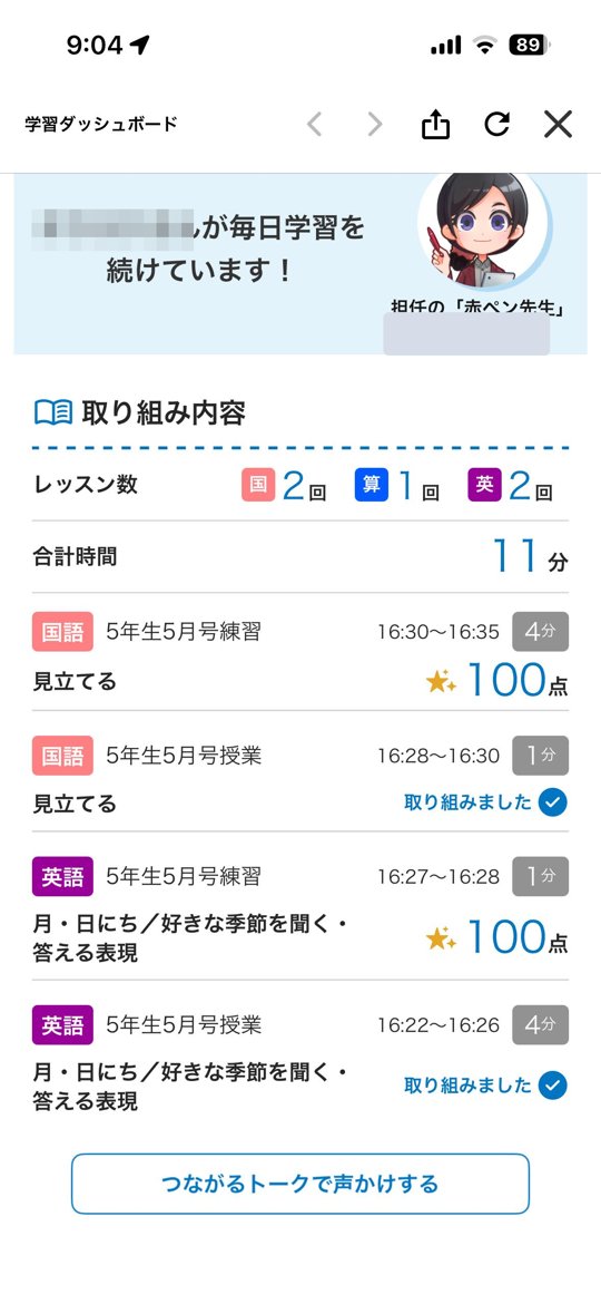 日ごとの詳細。レッスンの時刻・時間・点数まで記録されます